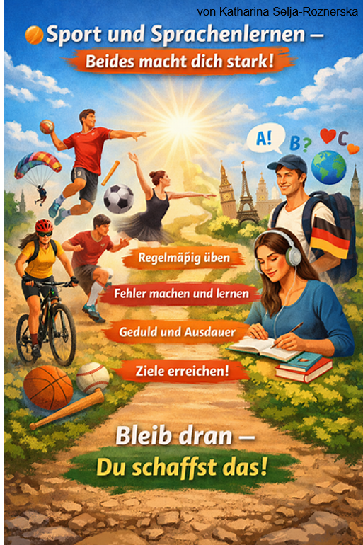Sport und Sprachenlernen sind ähnlich, weil man regelmäßig üben muss.
Ich mache weiter, obwohl ich manchmal müde bin.